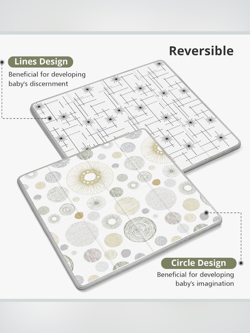 Reversible Home Design Play Mat in White, Gray & Gold Circle/Lines (59”x59x8”)